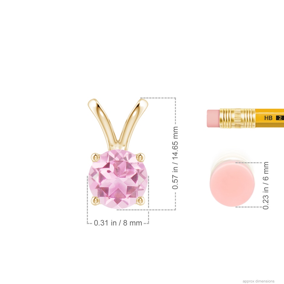8mm A V-Bale Round Pink Tourmaline Solitaire Pendant in Yellow Gold ruler