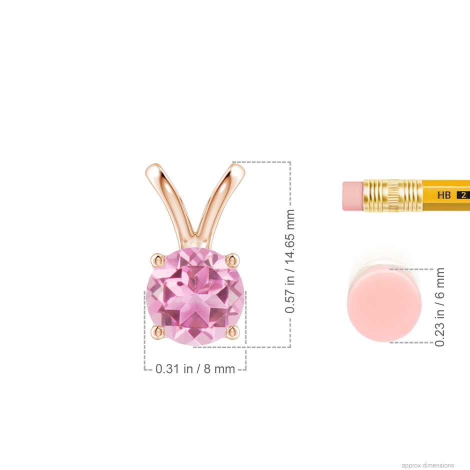 8mm AA V-Bale Round Pink Tourmaline Solitaire Pendant in Rose Gold ruler