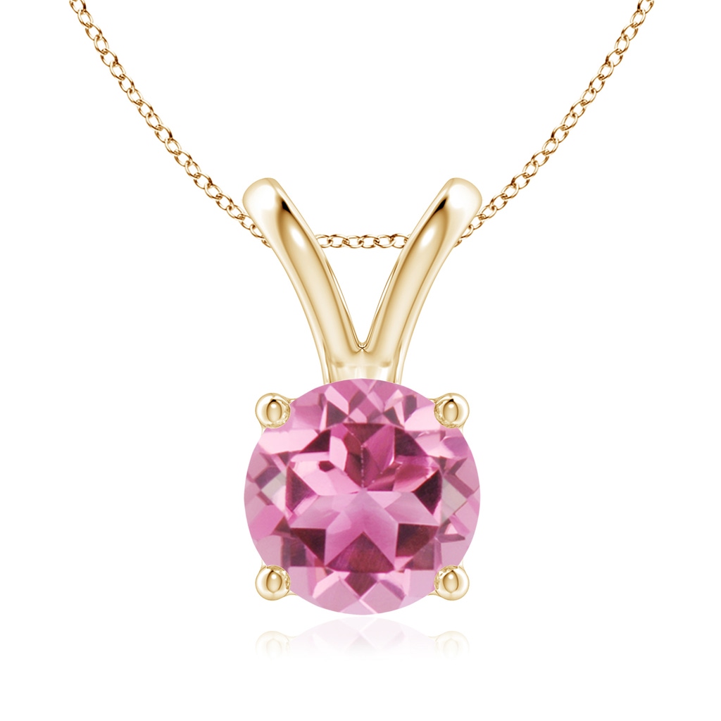 8mm AAA V-Bale Round Pink Tourmaline Solitaire Pendant in Yellow Gold