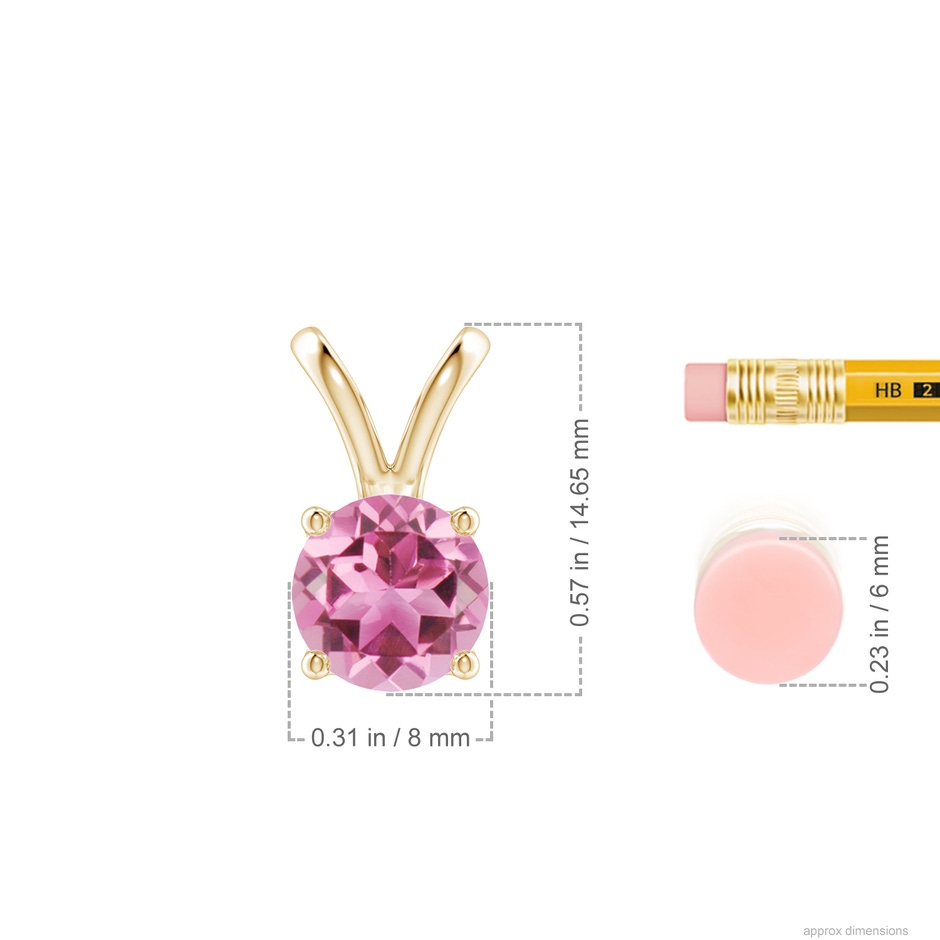 8mm AAA V-Bale Round Pink Tourmaline Solitaire Pendant in Yellow Gold ruler