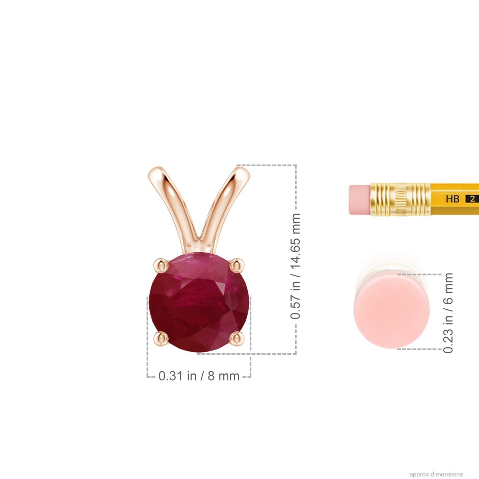 8mm A V-Bale Round Ruby Solitaire Pendant in 18K Rose Gold ruler