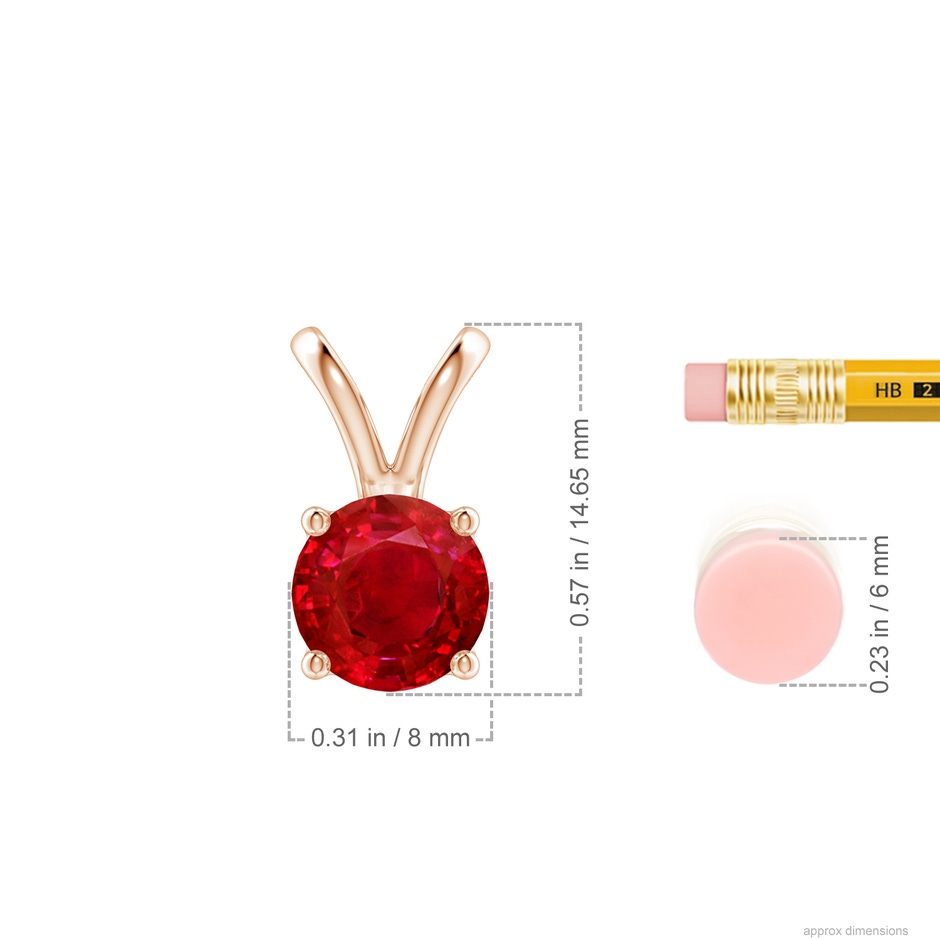 8mm AAA V-Bale Round Ruby Solitaire Pendant in Rose Gold ruler
