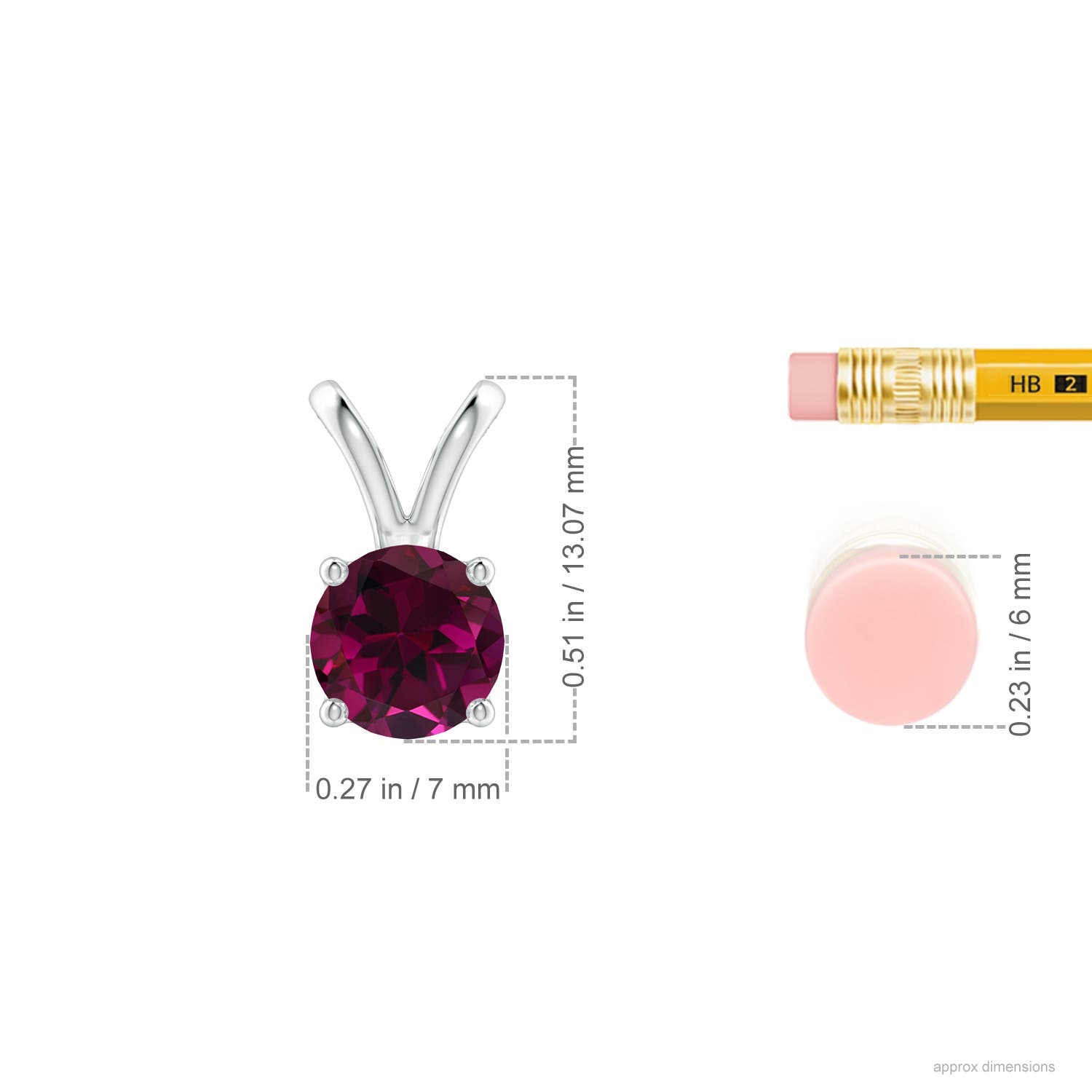 7mm AAA V-Bale Round Rhodolite Solitaire Pendant in White Gold - ruler