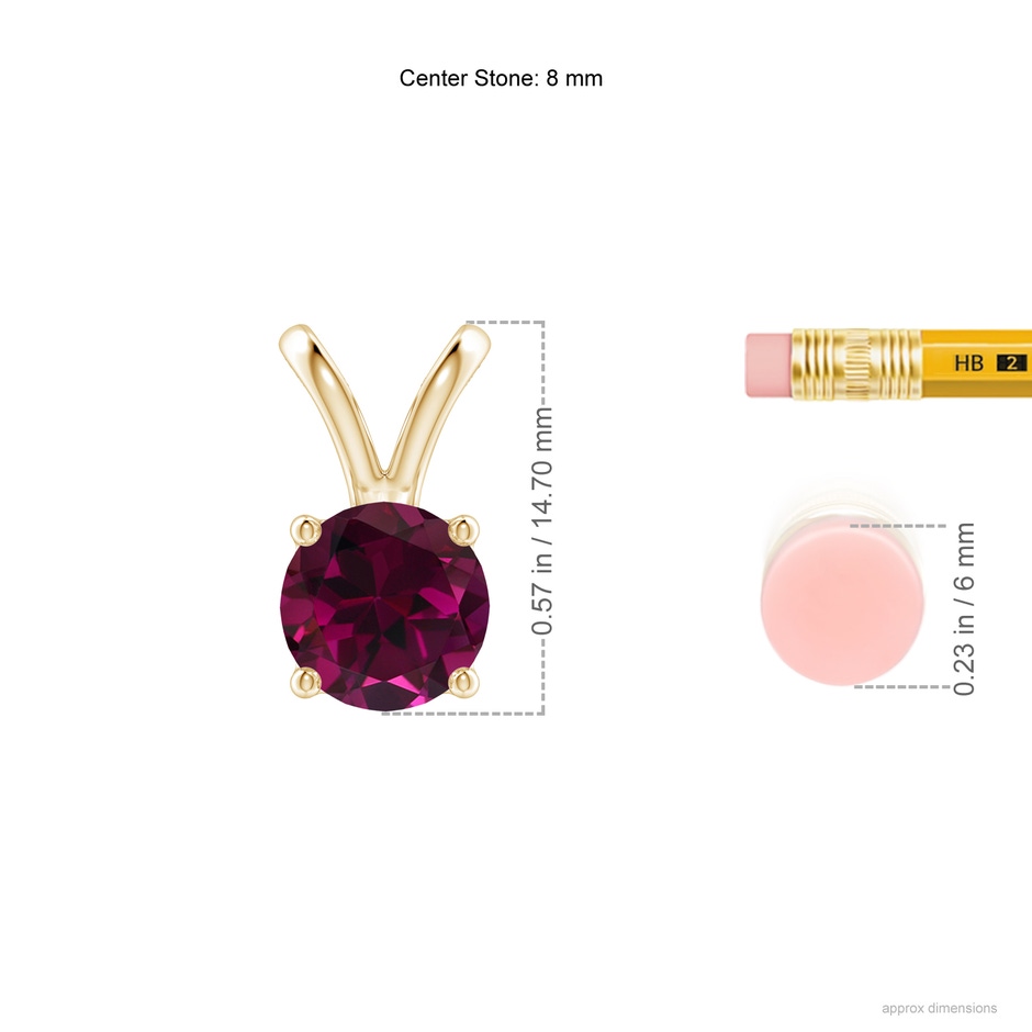 8mm AAA V-Bale Round Rhodolite Solitaire Pendant in Yellow Gold ruler