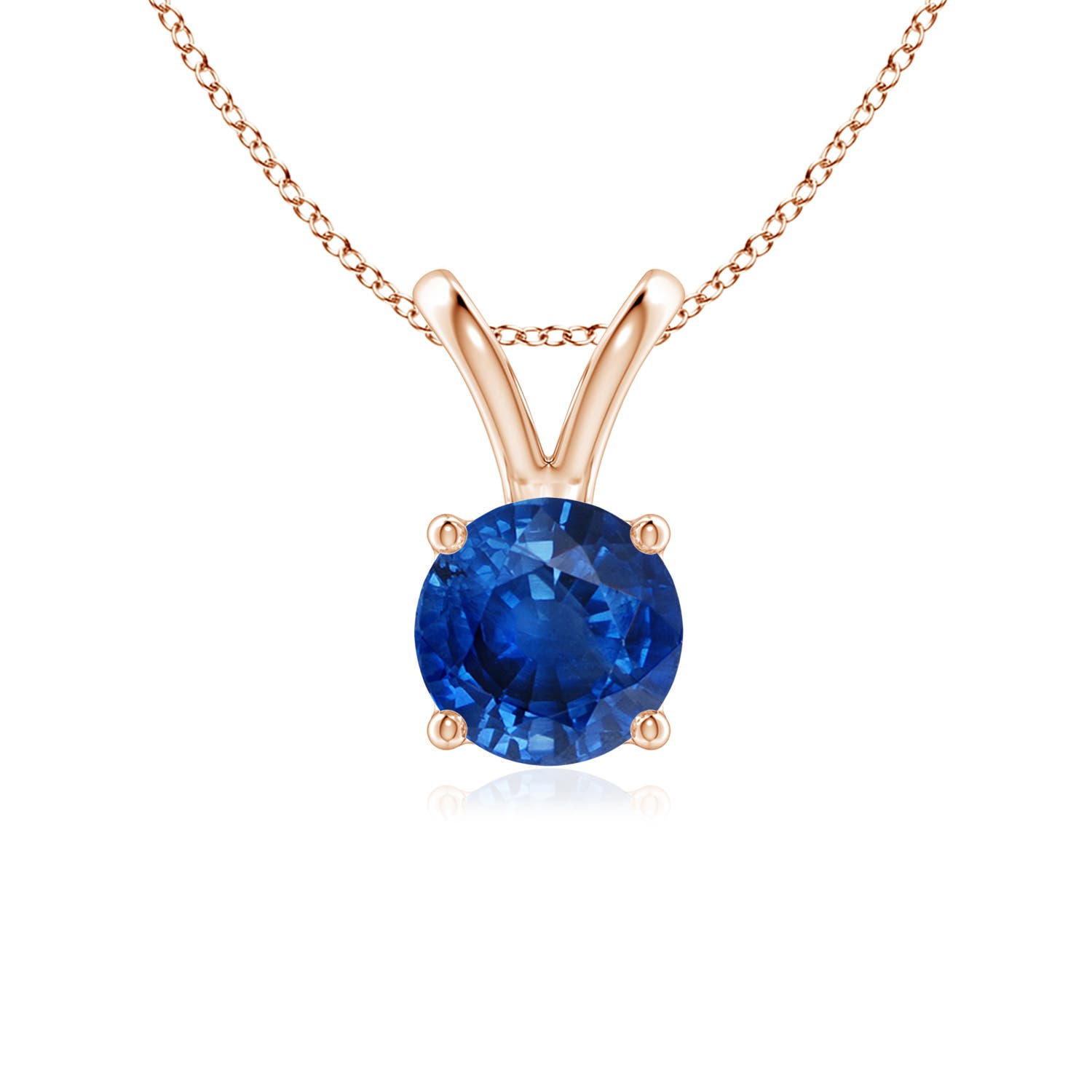 6mm AAA V-Bale Round Blue Sapphire Solitaire Pendant in 18K Rose Gold