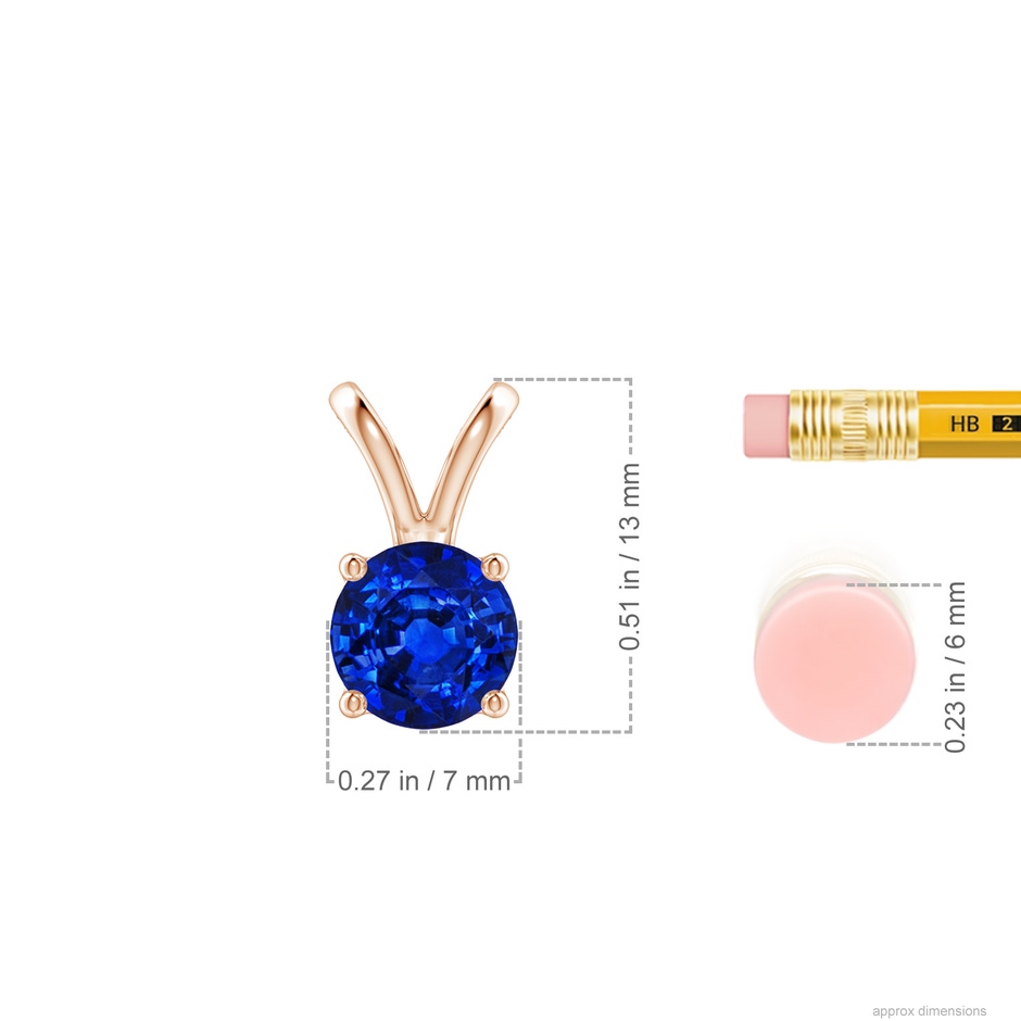 7mm AAAA V-Bale Round Blue Sapphire Solitaire Pendant in Rose Gold ruler