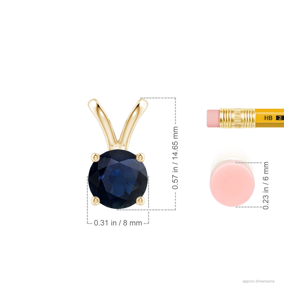 8mm A V-Bale Round Blue Sapphire Solitaire Pendant in 18K Yellow Gold ruler