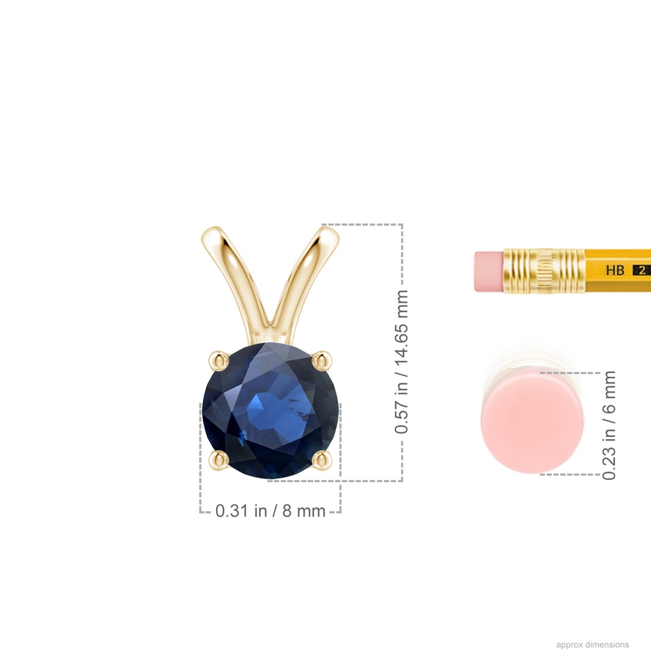 8mm AA V-Bale Round Blue Sapphire Solitaire Pendant in Yellow Gold ruler