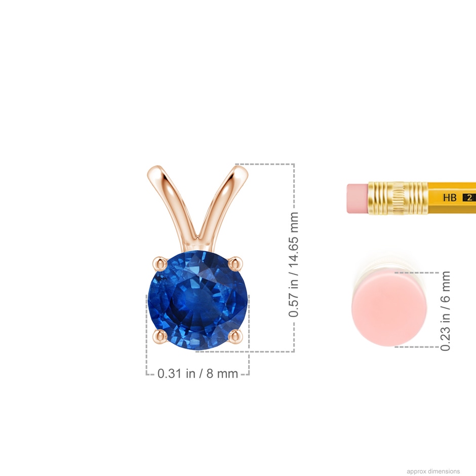 8mm AAA V-Bale Round Blue Sapphire Solitaire Pendant in Rose Gold ruler