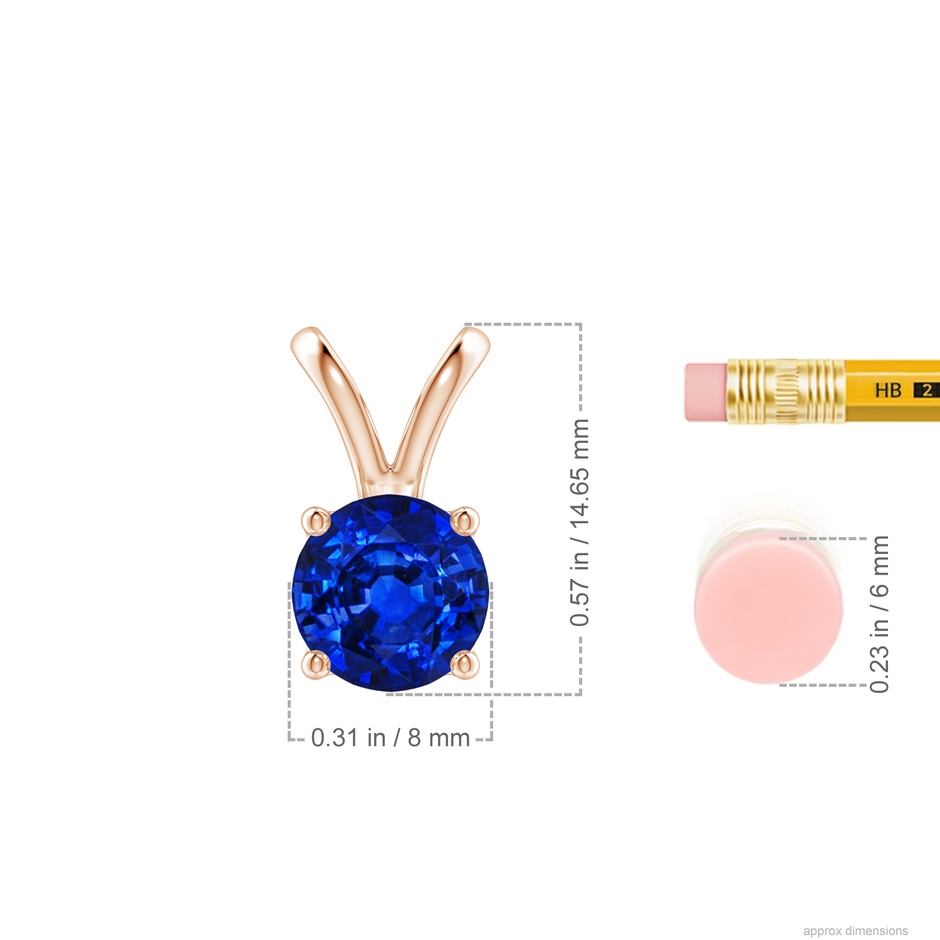 8mm AAAA V-Bale Round Blue Sapphire Solitaire Pendant in Rose Gold ruler