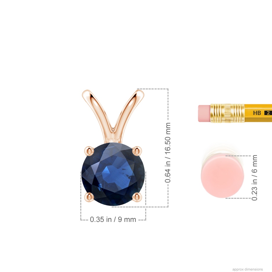 9mm AA V-Bale Round Blue Sapphire Solitaire Pendant in Rose Gold ruler