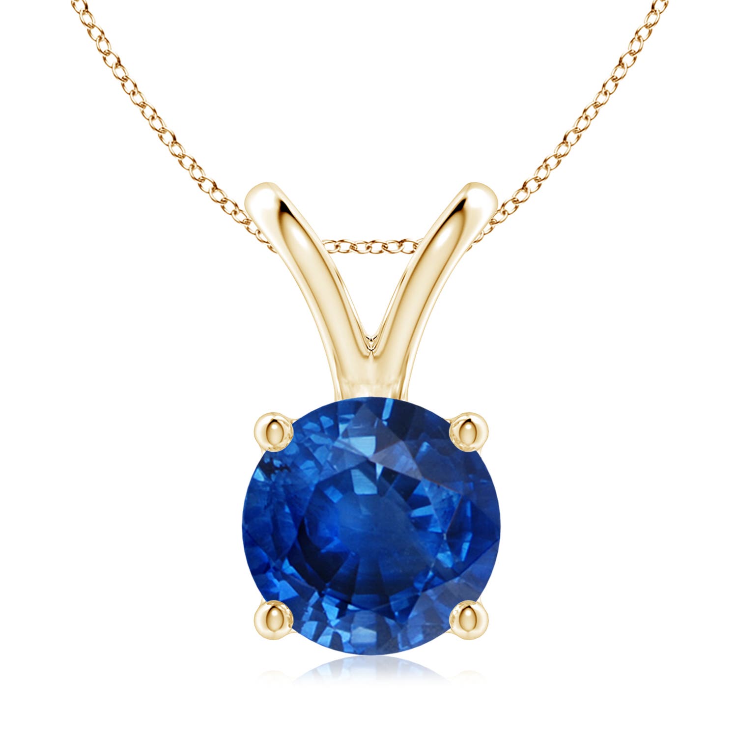 9mm AAA V-Bale Round Blue Sapphire Solitaire Pendant in Yellow Gold