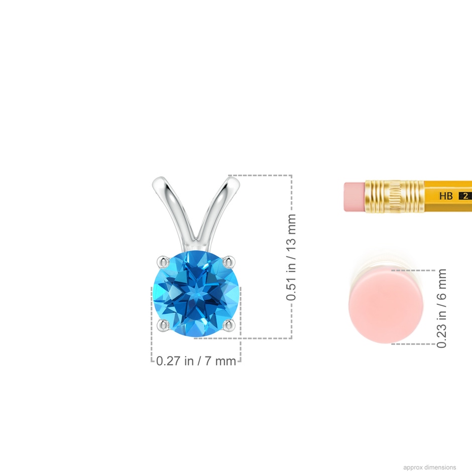 7mm AAAA V-Bale Round Swiss Blue Topaz Solitaire Pendant in S999 Silver ruler