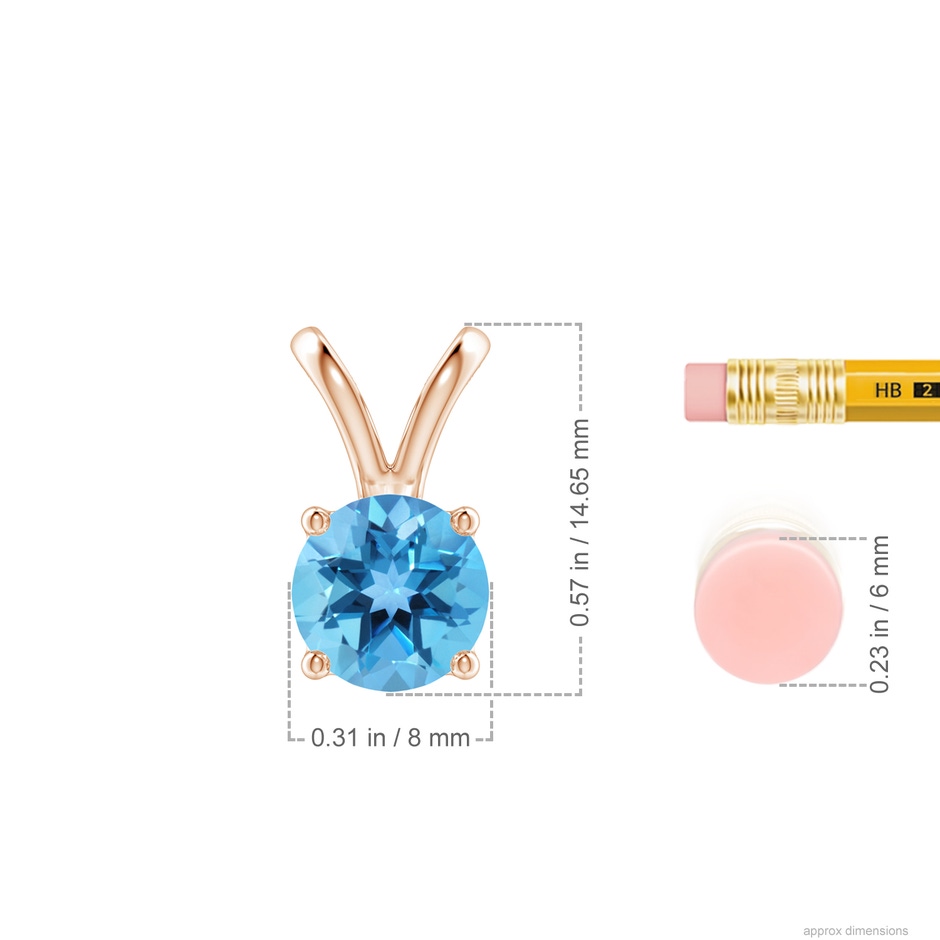 8mm AA V-Bale Round Swiss Blue Topaz Solitaire Pendant in 18K Rose Gold ruler