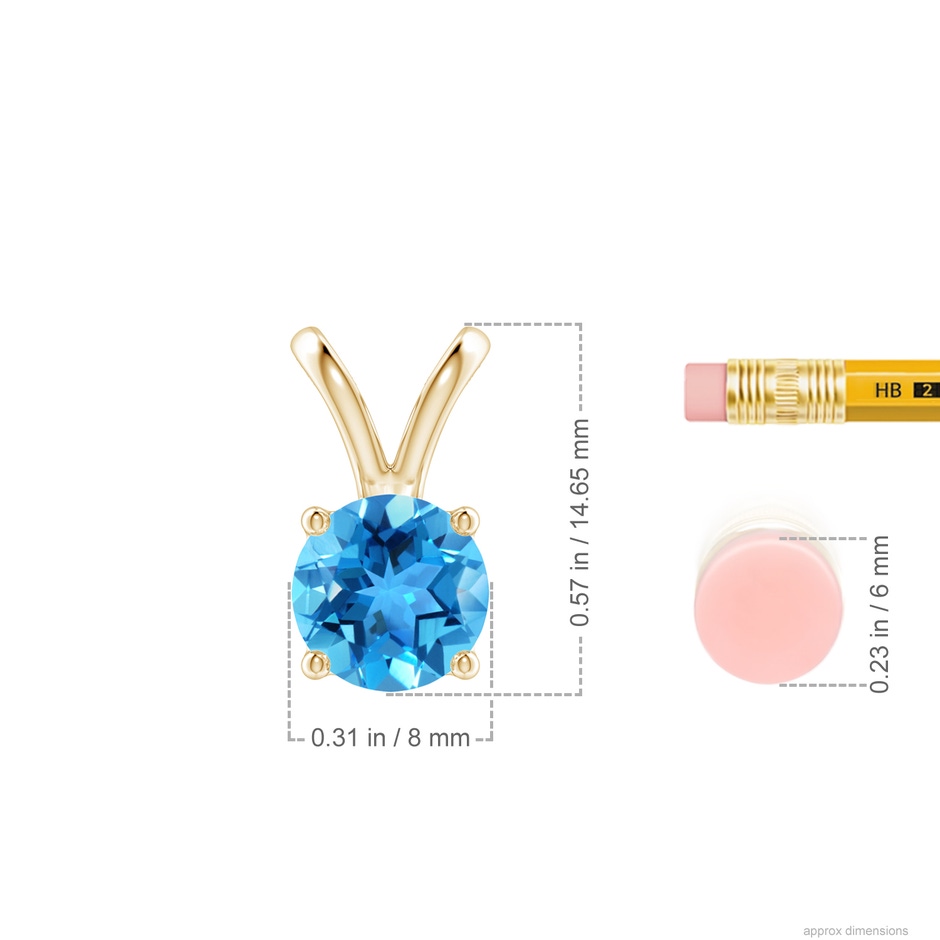 8mm AAA V-Bale Round Swiss Blue Topaz Solitaire Pendant in 18K Yellow Gold ruler
