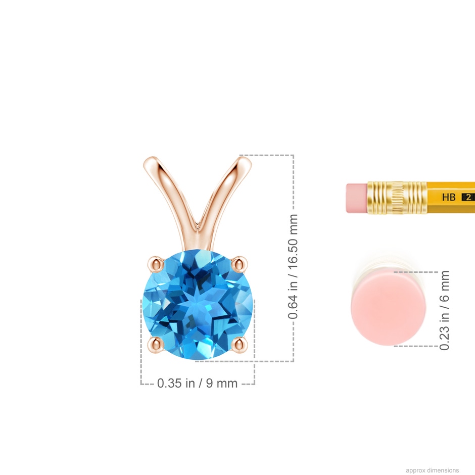 9mm AAA V-Bale Round Swiss Blue Topaz Solitaire Pendant in 18K Rose Gold ruler
