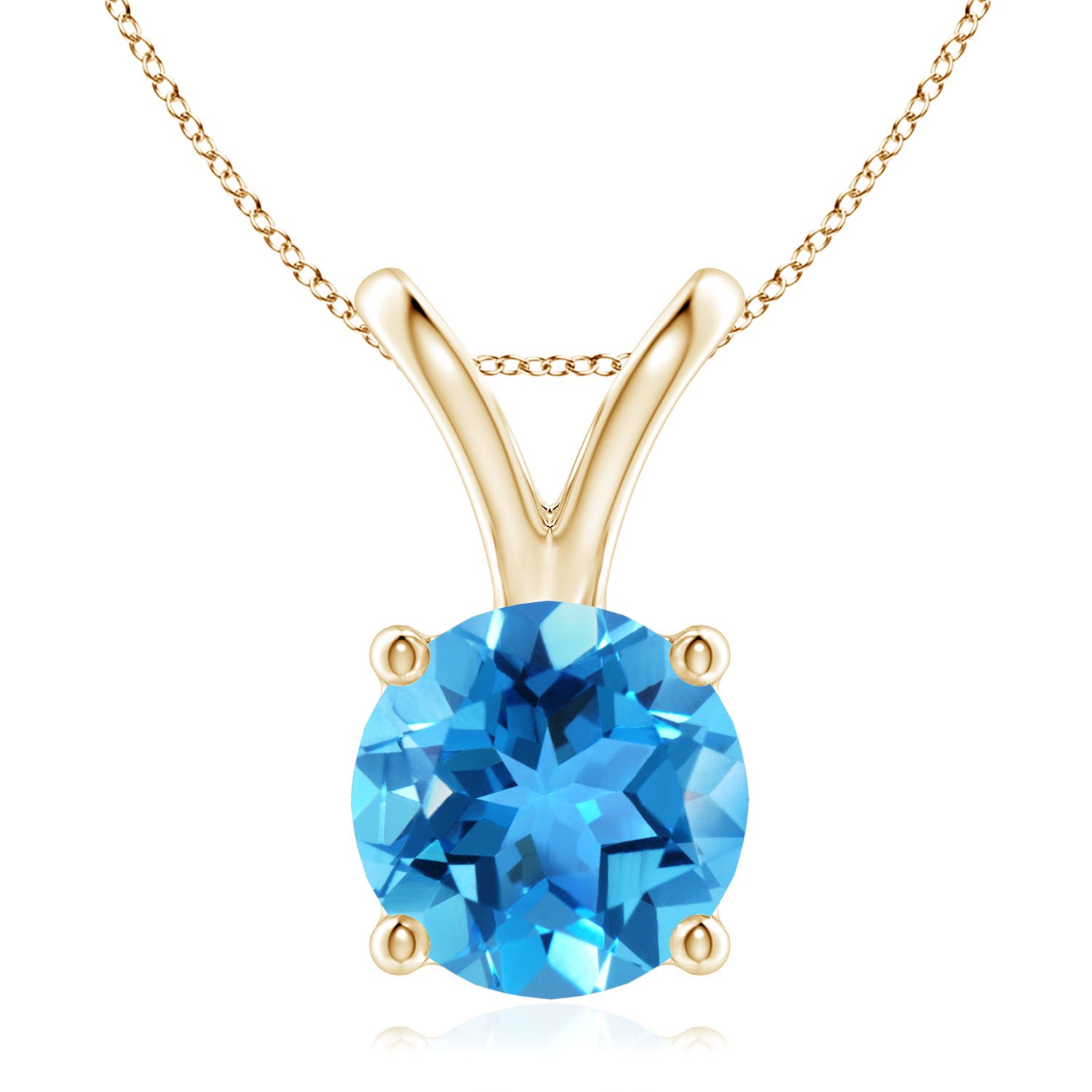 9mm AAA V-Bale Round Swiss Blue Topaz Solitaire Pendant in 18K Yellow Gold