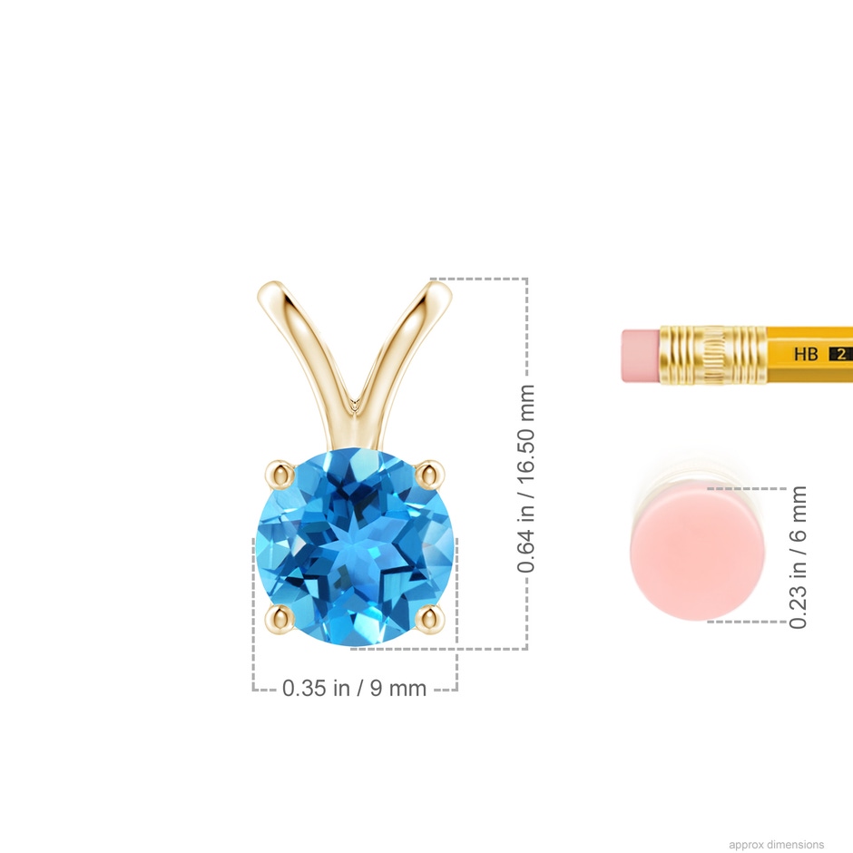 9mm AAA V-Bale Round Swiss Blue Topaz Solitaire Pendant in 18K Yellow Gold ruler