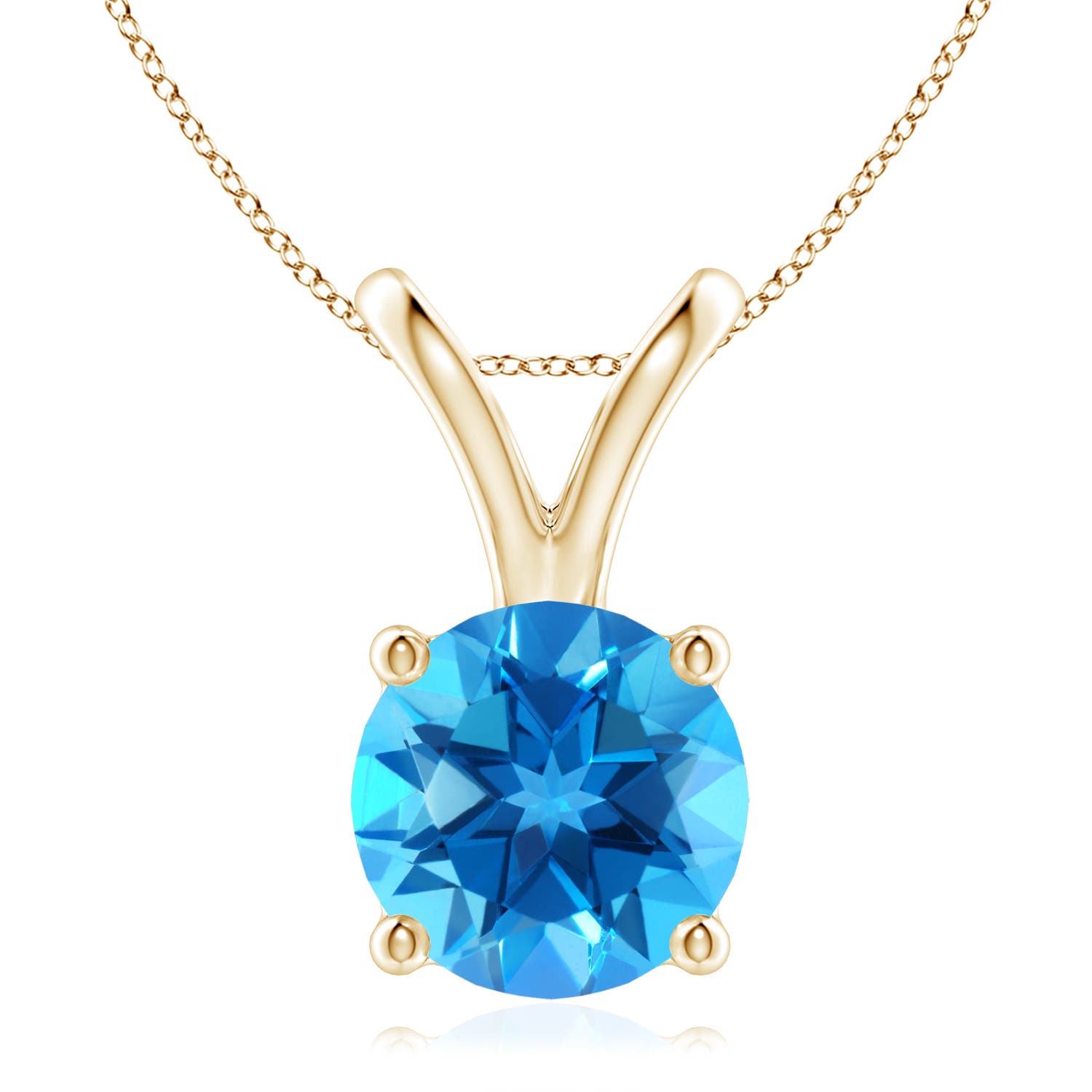 9mm AAAA V-Bale Round Swiss Blue Topaz Solitaire Pendant in 18K Yellow Gold