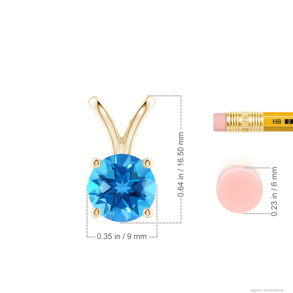 9mm AAAA V-Bale Round Swiss Blue Topaz Solitaire Pendant in 18K Yellow Gold ruler