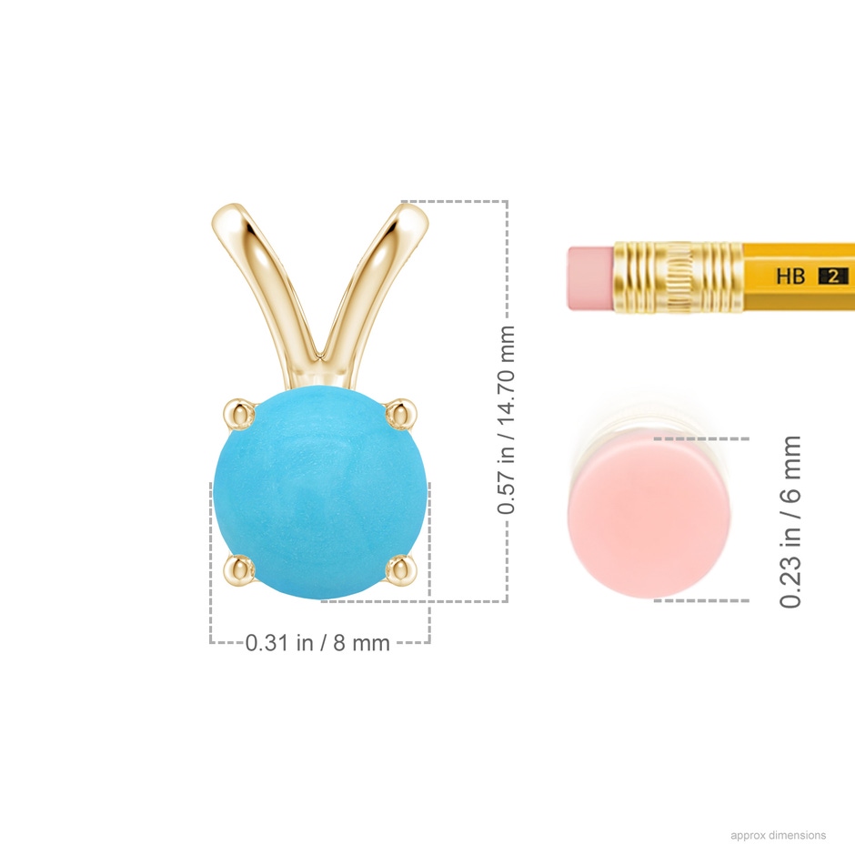8mm AA V-Bale Round Turquoise Solitaire Pendant in Yellow Gold ruler