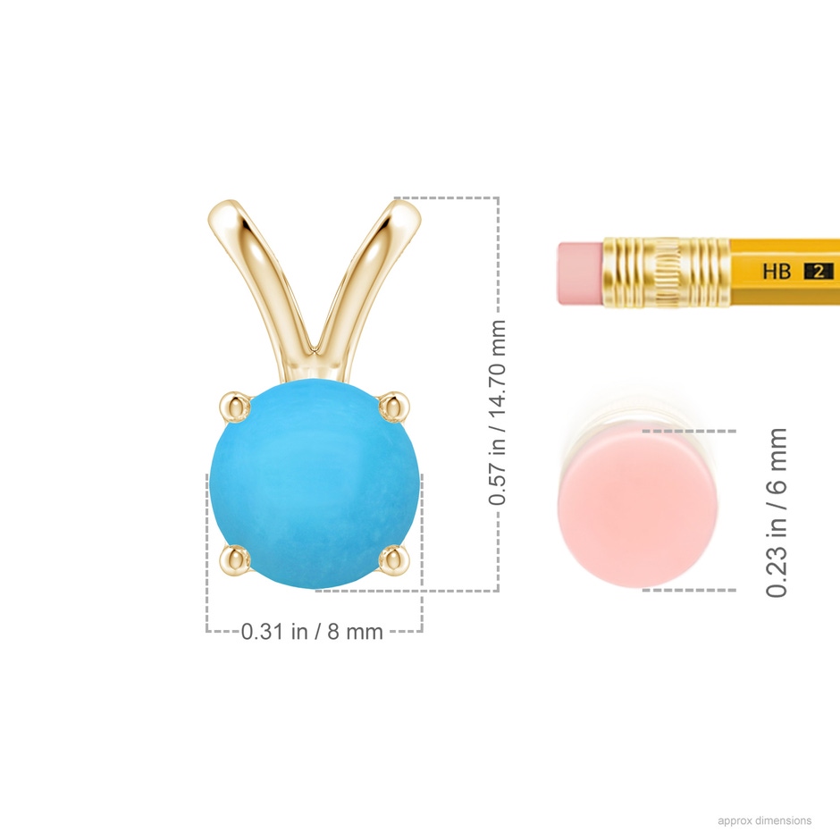 8mm AAA V-Bale Round Turquoise Solitaire Pendant in Yellow Gold ruler
