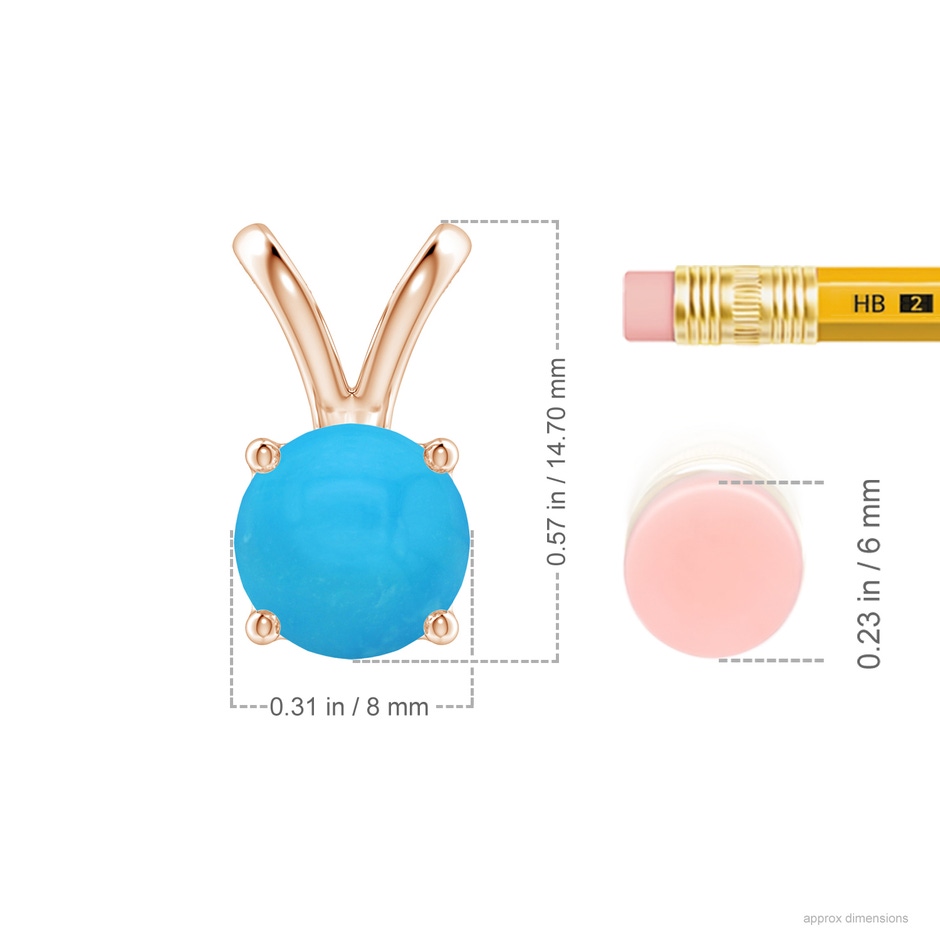 8mm AAAA V-Bale Round Turquoise Solitaire Pendant in Rose Gold ruler