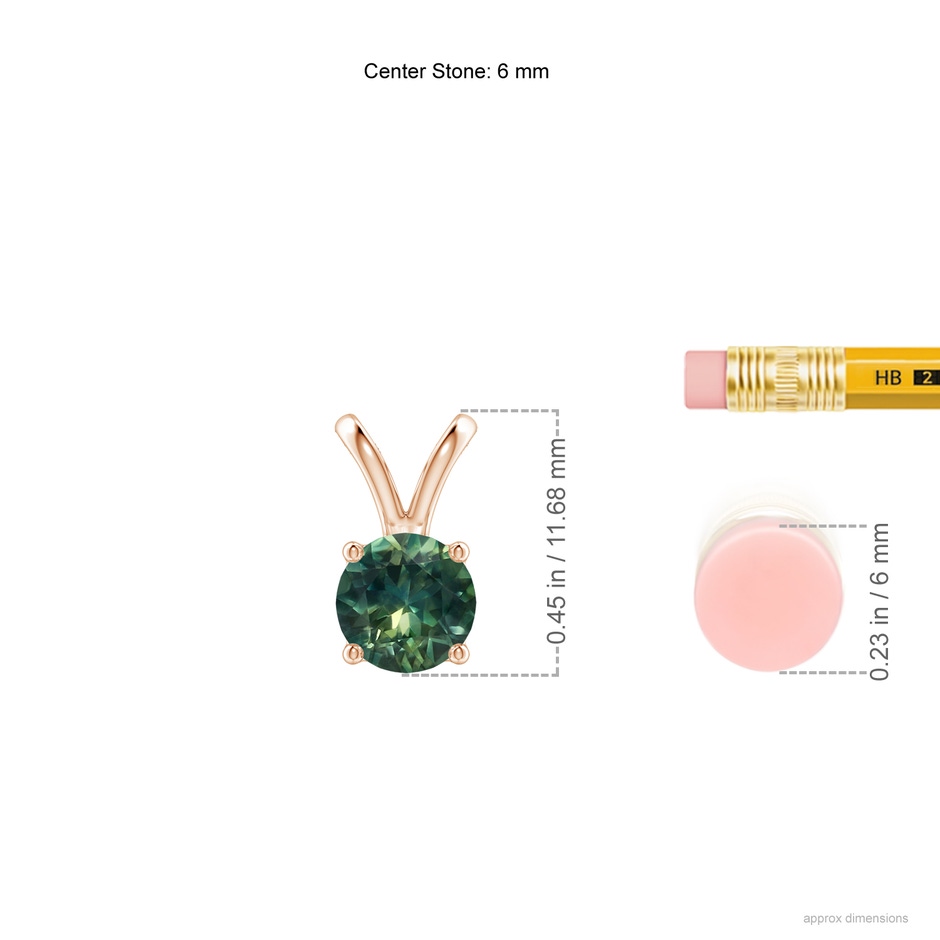 6mm AA V-Bale Round Teal Montana Sapphire Solitaire Pendant in Rose Gold ruler