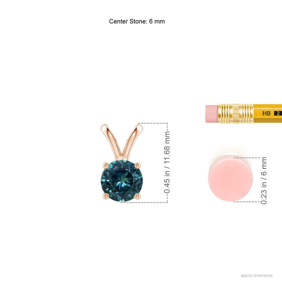 6mm AAA V-Bale Round Teal Montana Sapphire Solitaire Pendant in Rose Gold ruler