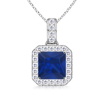 6mm AAA Square Sapphire and Diamond Halo Pendant in White Gold