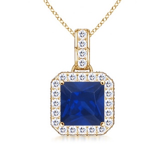 6mm AAA Square Sapphire and Diamond Halo Pendant in Yellow Gold