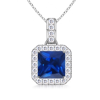 6mm AAAA Square Sapphire and Diamond Halo Pendant in White Gold