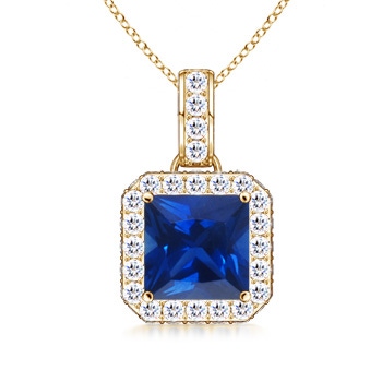 6mm AAAA Square Sapphire and Diamond Halo Pendant in Yellow Gold