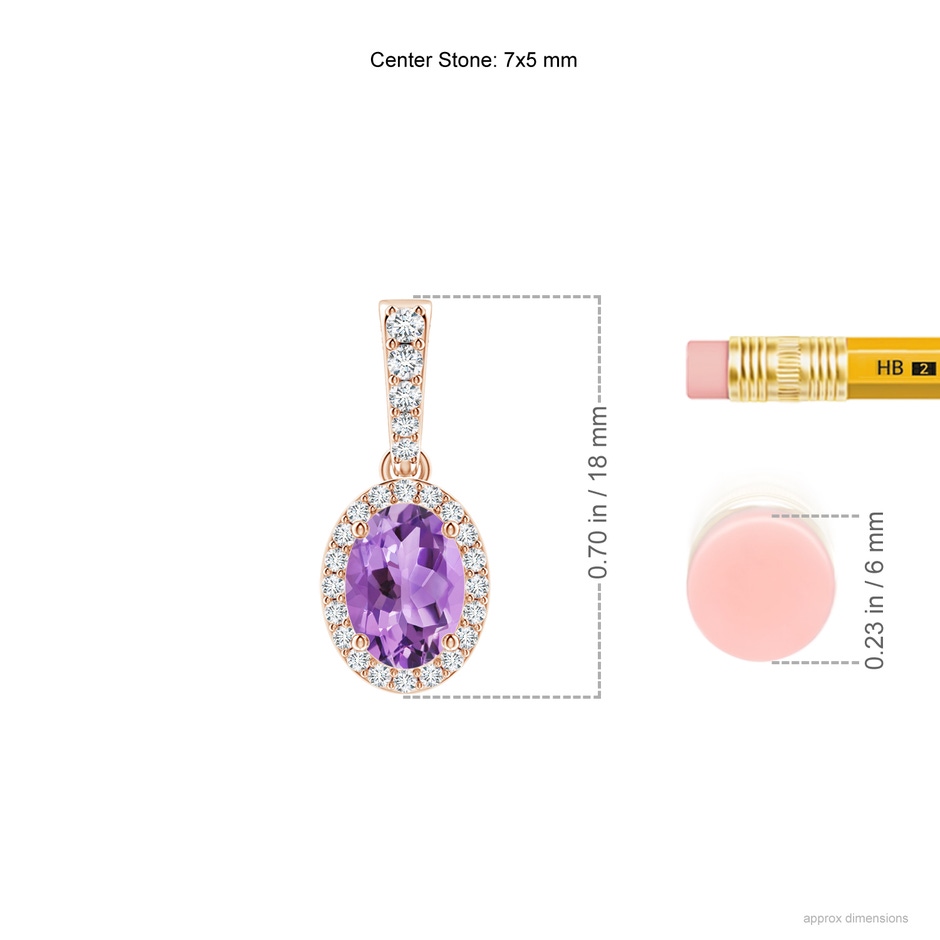 7x5mm A Vintage Style Oval Amethyst Halo Pendant in 9K Rose Gold ruler