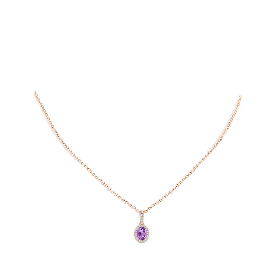 7x5mm A Vintage Style Oval Amethyst Halo Pendant in 9K Rose Gold body-neck
