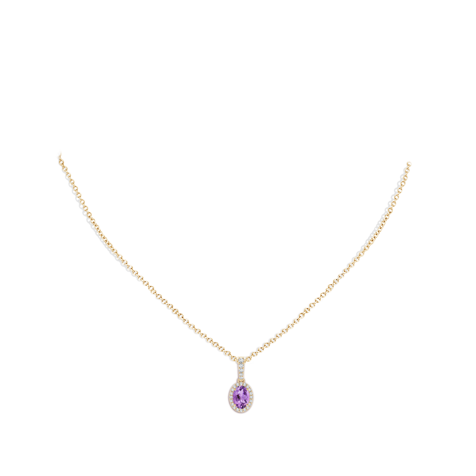 7x5mm A Vintage Style Oval Amethyst Halo Pendant in Yellow Gold body-neck