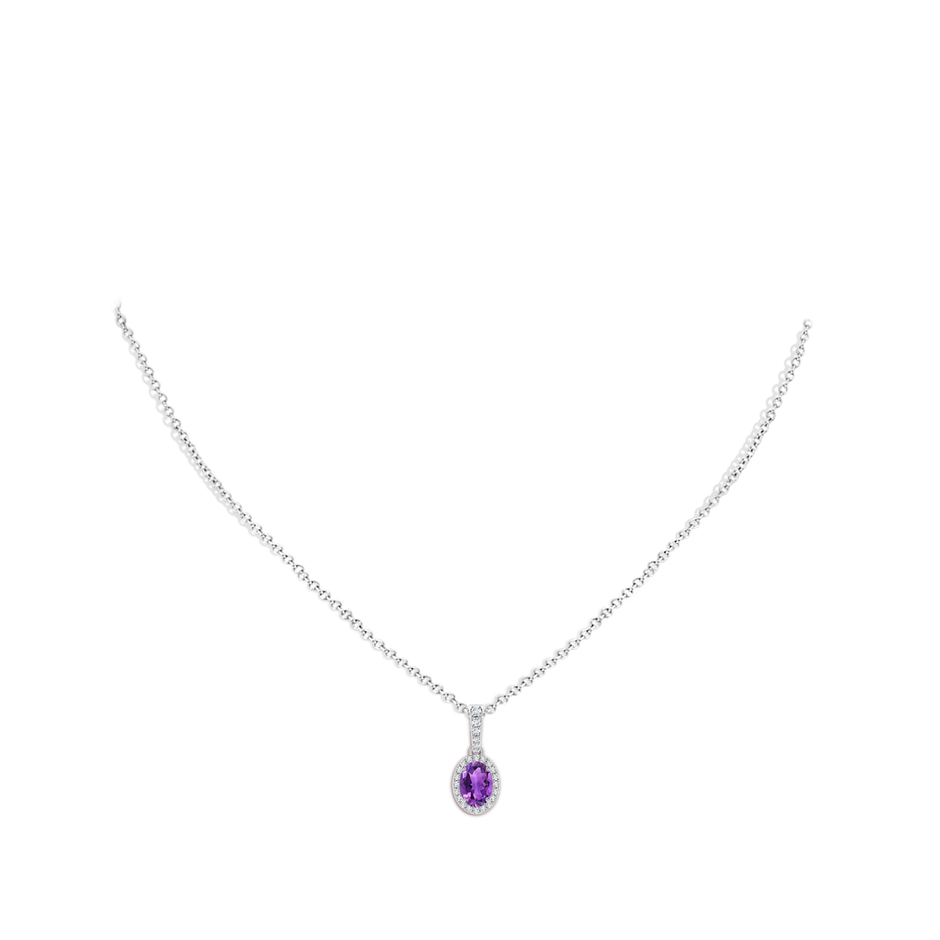 7x5mm AAA Vintage Style Oval Amethyst Halo Pendant in White Gold body-neck