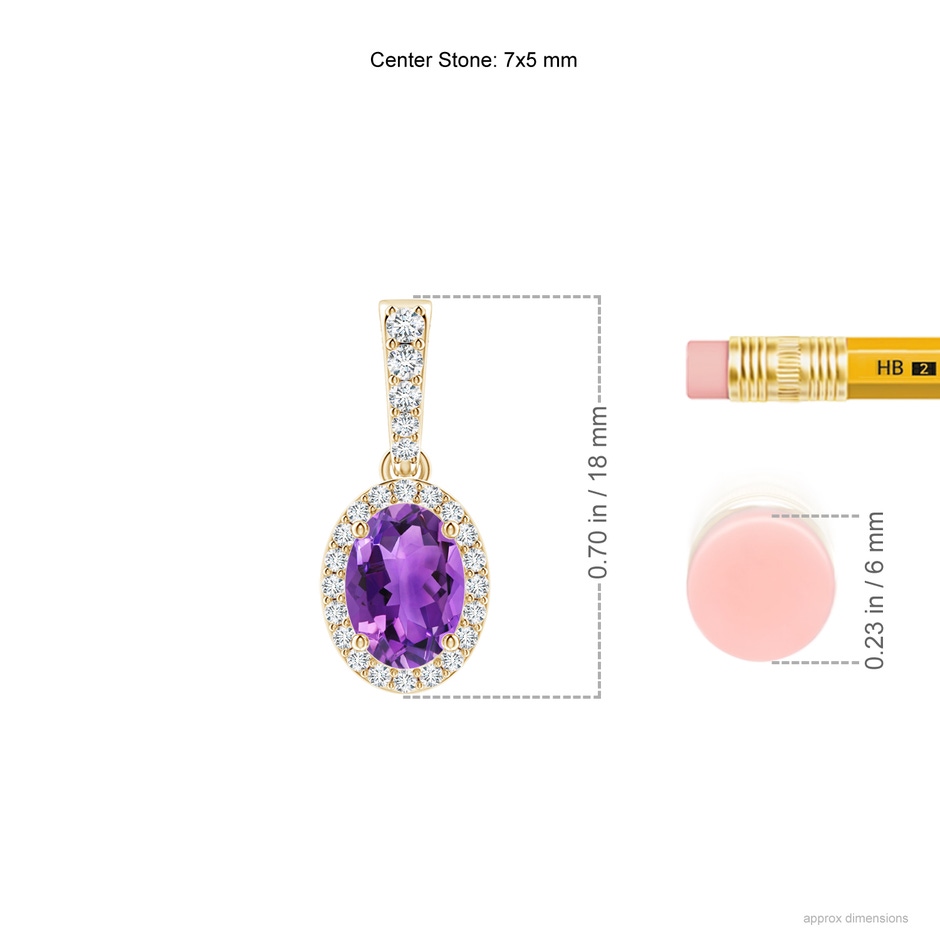 7x5mm AAA Vintage Style Oval Amethyst Halo Pendant in Yellow Gold ruler