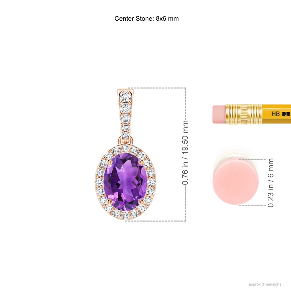 8x6mm AAA Vintage Style Oval Amethyst Halo Pendant in Rose Gold ruler
