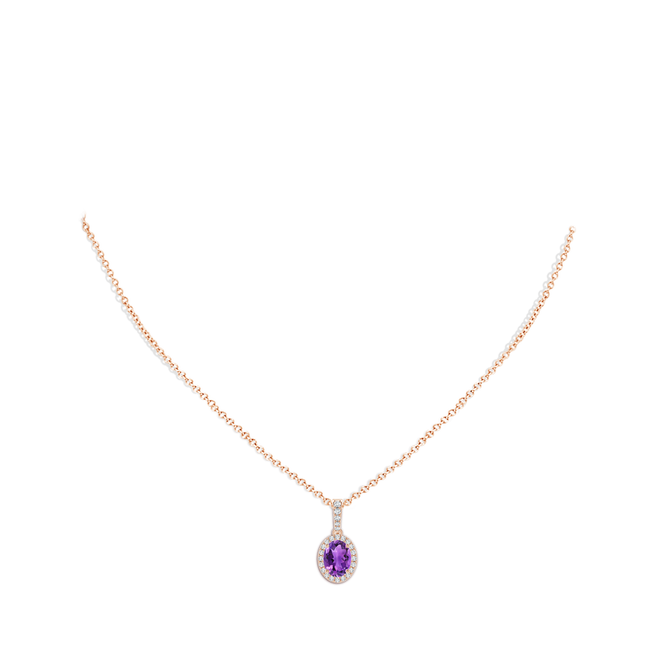 8x6mm AAA Vintage Style Oval Amethyst Halo Pendant in Rose Gold body-neck