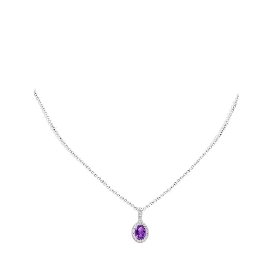 8x6mm AAA Vintage Style Oval Amethyst Halo Pendant in White Gold body-neck