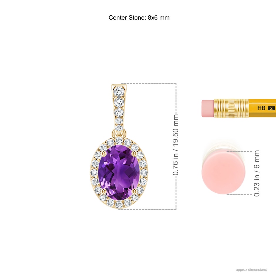 8x6mm AAAA Vintage Style Oval Amethyst Halo Pendant in Yellow Gold ruler