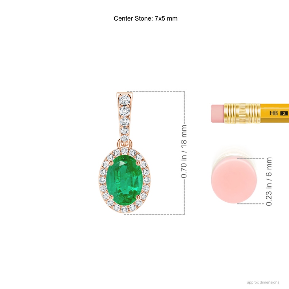 7x5mm AA Vintage Style Oval Emerald Halo Pendant in Rose Gold ruler