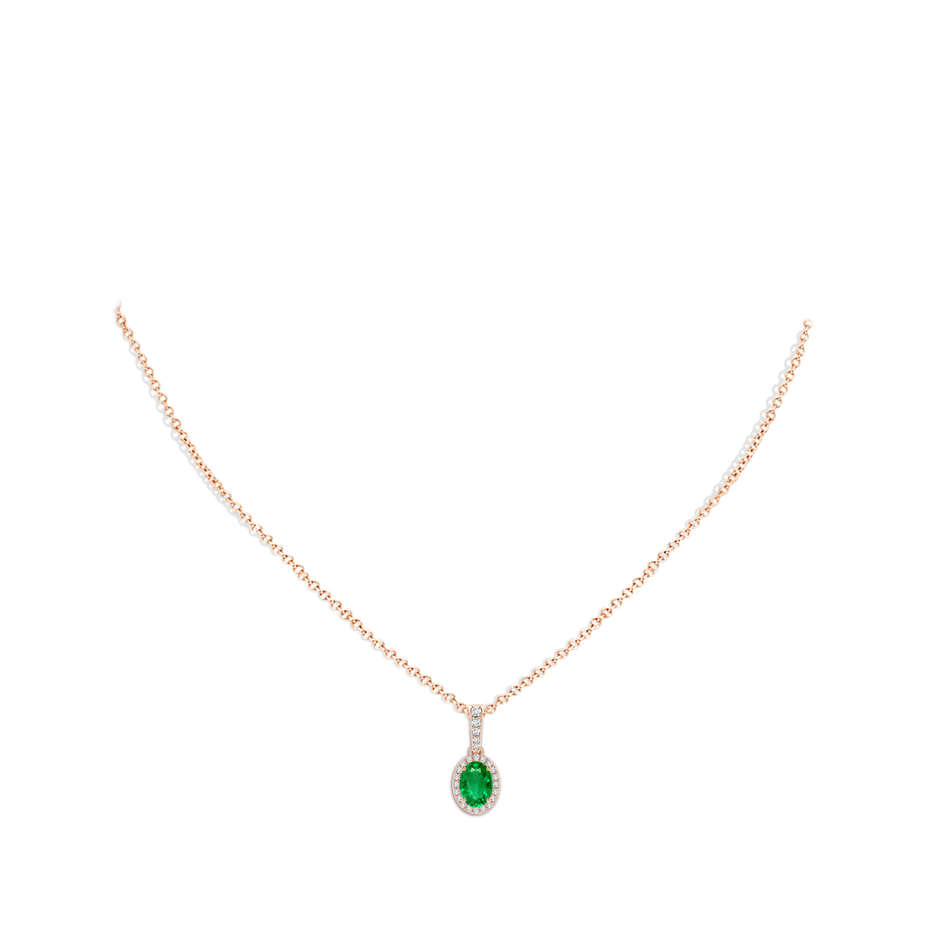 7x5mm AAA Vintage Style Oval Emerald Halo Pendant in Rose Gold body-neck