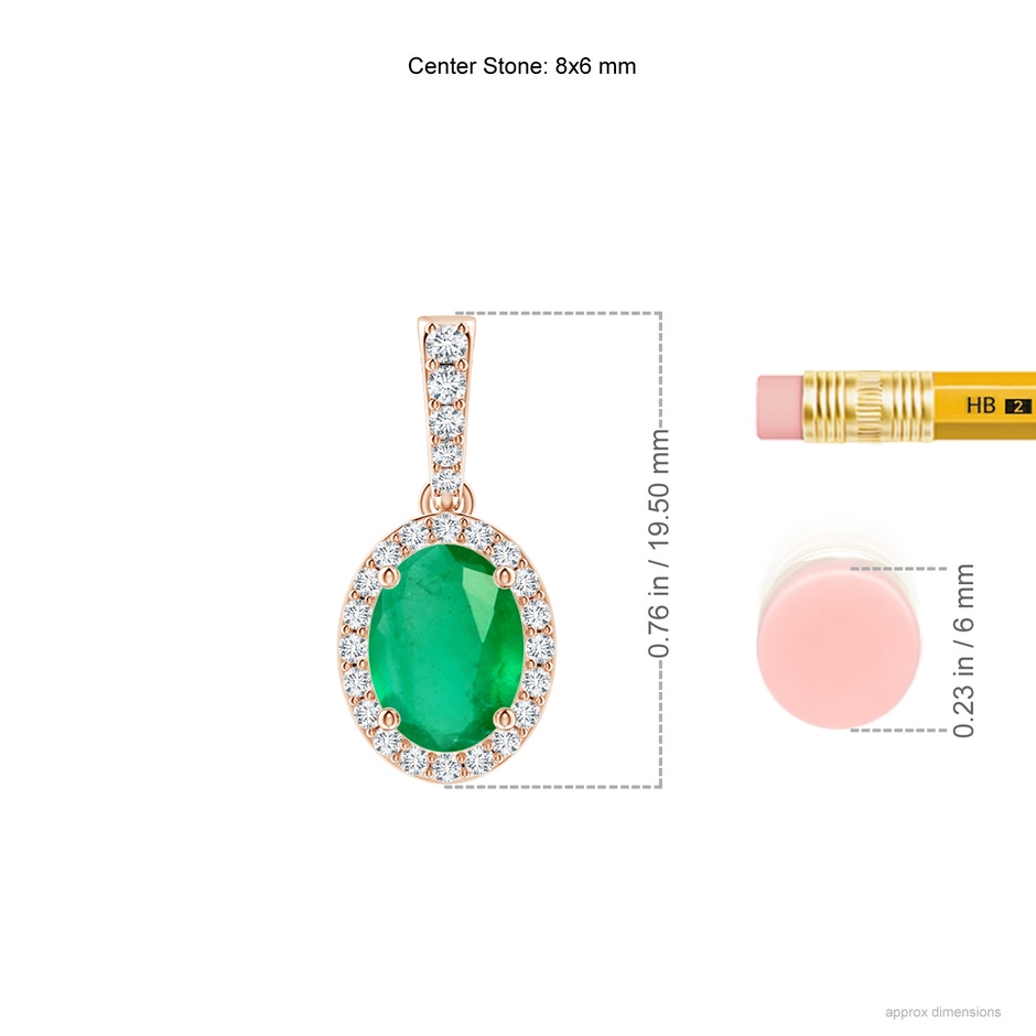 8x6mm A Vintage Style Oval Emerald Halo Pendant in Rose Gold ruler