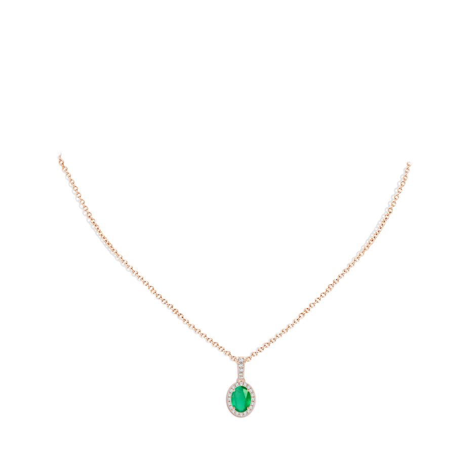 8x6mm A Vintage Style Oval Emerald Halo Pendant in Rose Gold body-neck