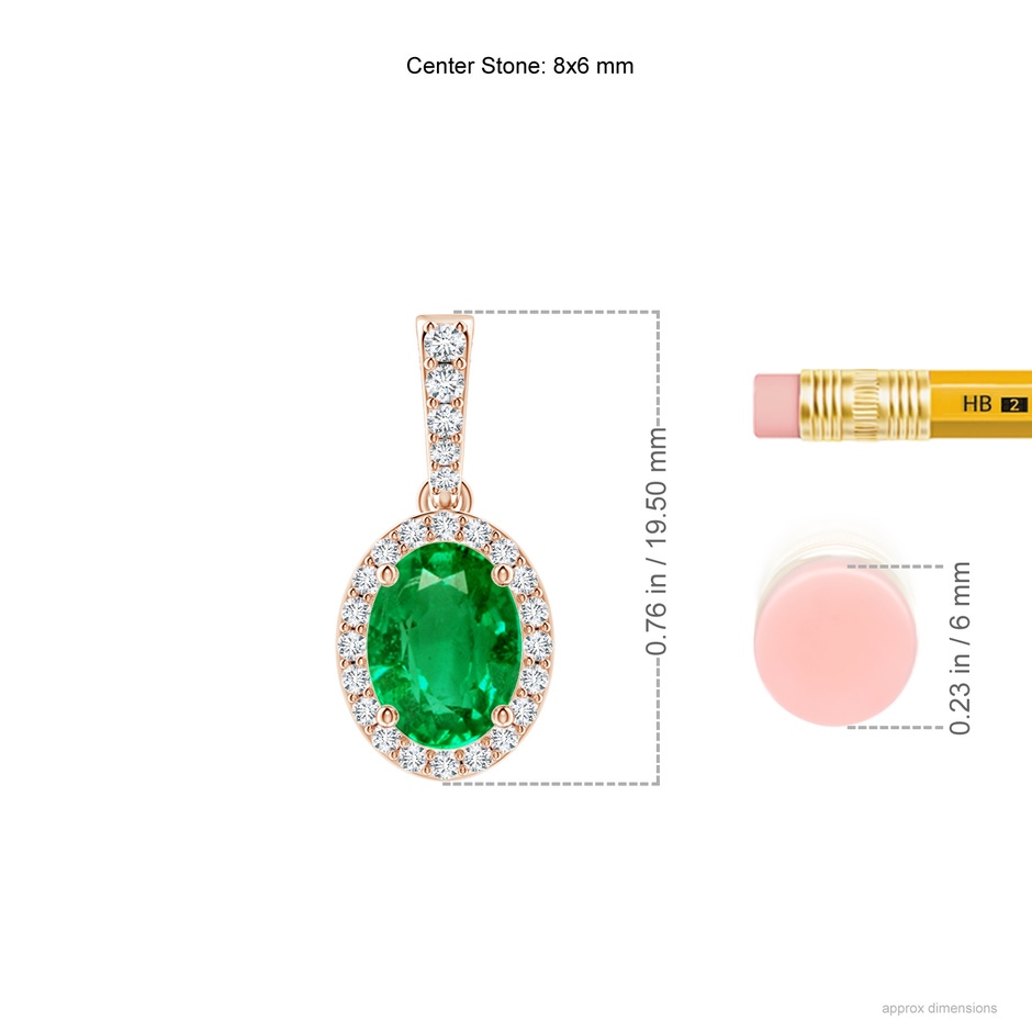 8x6mm AAA Vintage Style Oval Emerald Halo Pendant in Rose Gold ruler