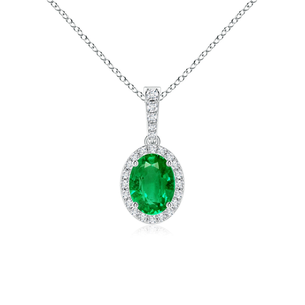 8x6mm AAA Vintage Style Oval Emerald Halo Pendant in White Gold