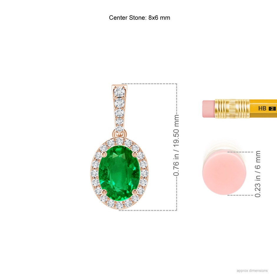 8x6mm AAAA Vintage Style Oval Emerald Halo Pendant in Rose Gold ruler