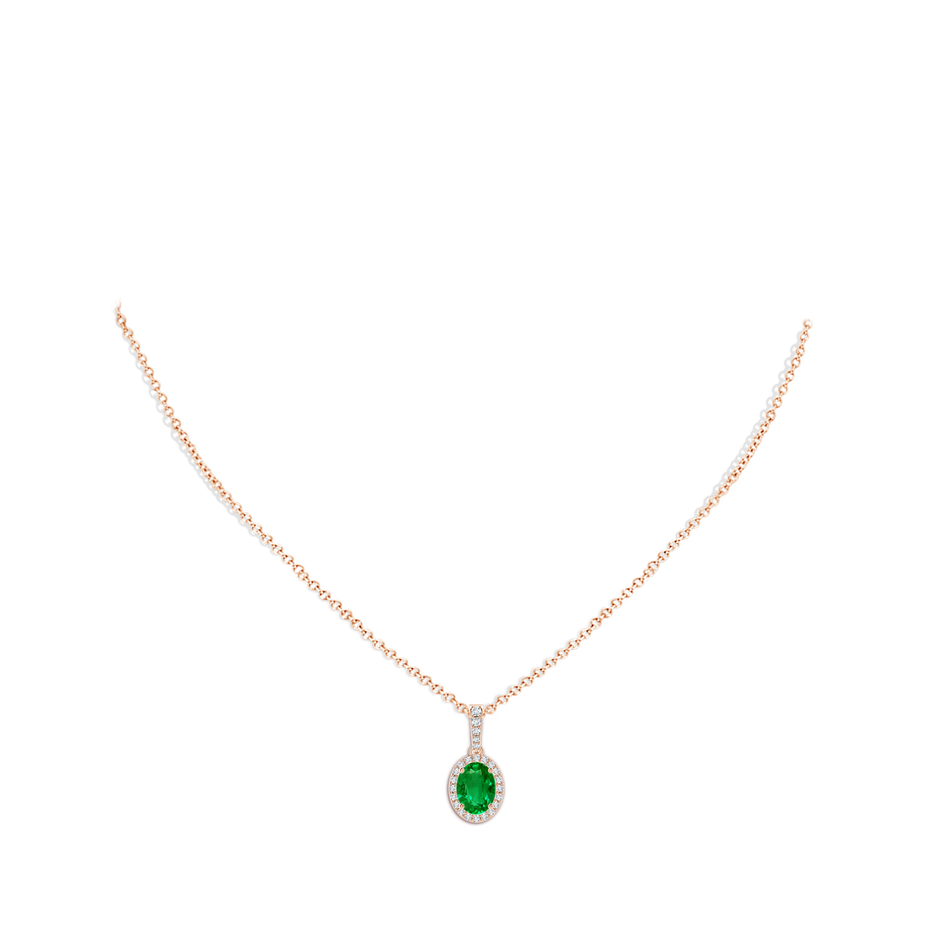8x6mm AAAA Vintage Style Oval Emerald Halo Pendant in Rose Gold body-neck